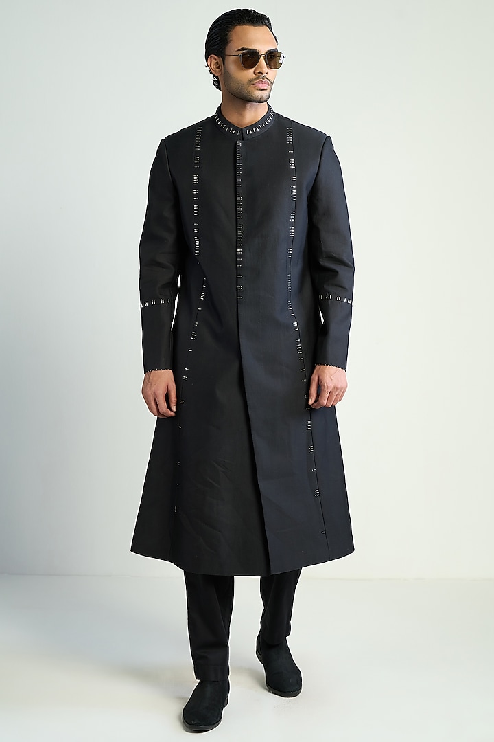 Black Cotton Silk Satin Embellished Groom Indowestern Jacket by Antar Agni Men at Pernia's Pop Up Shop
