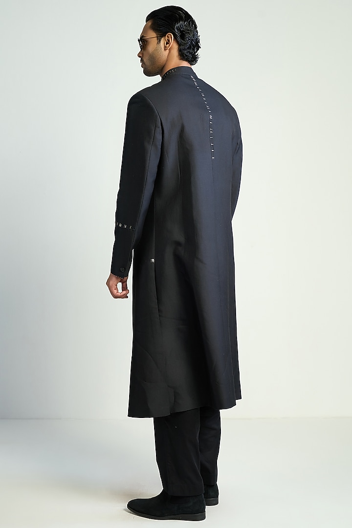 Black Cotton Silk Satin Embellished Groom Indowestern Jacket by Antar Agni Men at Pernia's Pop Up Shop