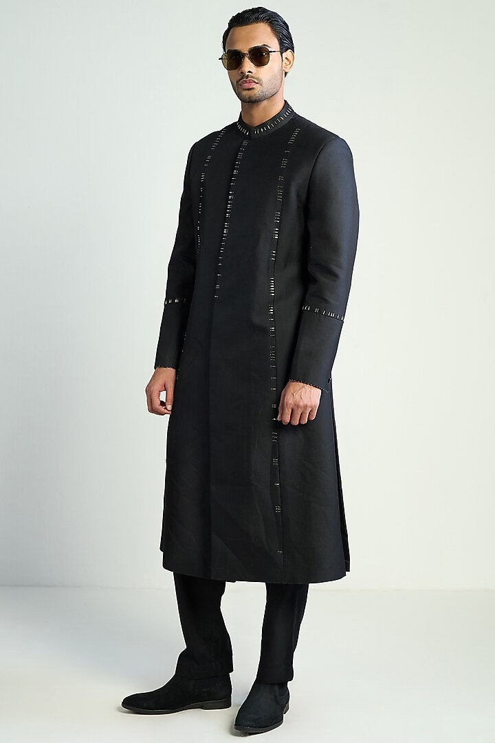 Black Cotton Silk Satin Embellished Groom Indowestern Jacket by Antar Agni Men at Pernia's Pop Up Shop