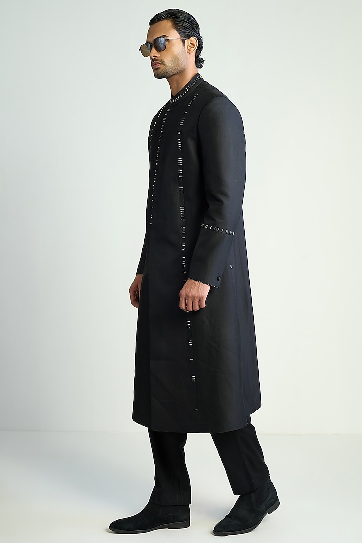 Black Cotton Silk Satin Embellished Groom Indowestern Jacket by Antar Agni Men at Pernia's Pop Up Shop