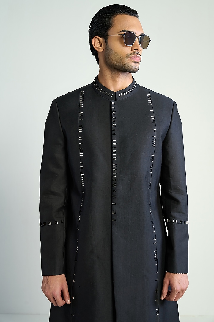 Black Cotton Silk Satin Embellished Groom Indowestern Jacket by Antar Agni Men at Pernia's Pop Up Shop