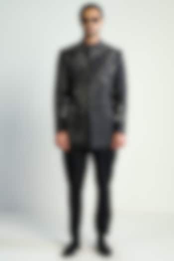 Black Cotton Silk Satin Embroidered Groom Bandhgala by Antar Agni Men at Pernia's Pop Up Shop