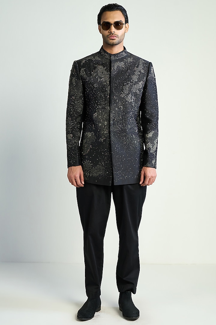Black Cotton Silk Satin Embroidered Groom Bandhgala by Antar Agni Men at Pernia's Pop Up Shop