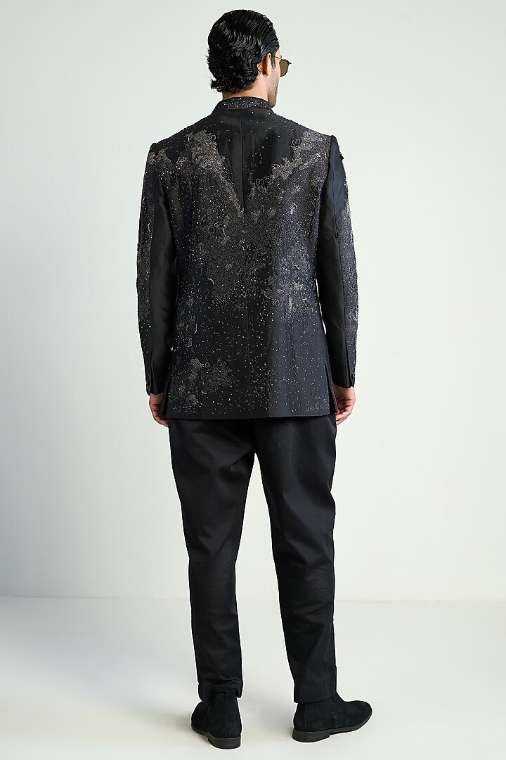 Black Cotton Silk Satin Embroidered Groom Bandhgala by Antar Agni Men at Pernia's Pop Up Shop