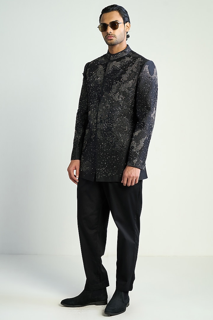 Black Cotton Silk Satin Embroidered Groom Bandhgala by Antar Agni Men at Pernia's Pop Up Shop
