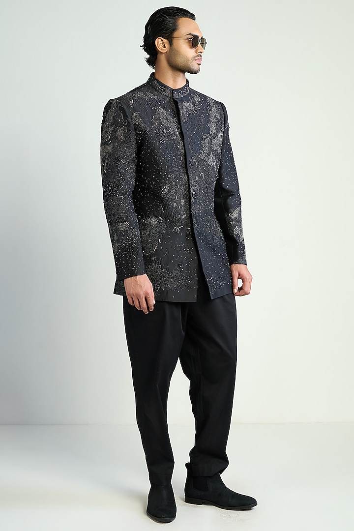 Black Cotton Silk Satin Embroidered Groom Bandhgala by Antar Agni Men at Pernia's Pop Up Shop