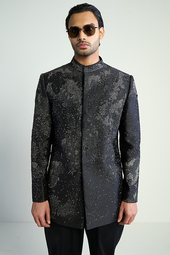Black Cotton Silk Satin Embroidered Groom Bandhgala by Antar Agni Men at Pernia's Pop Up Shop