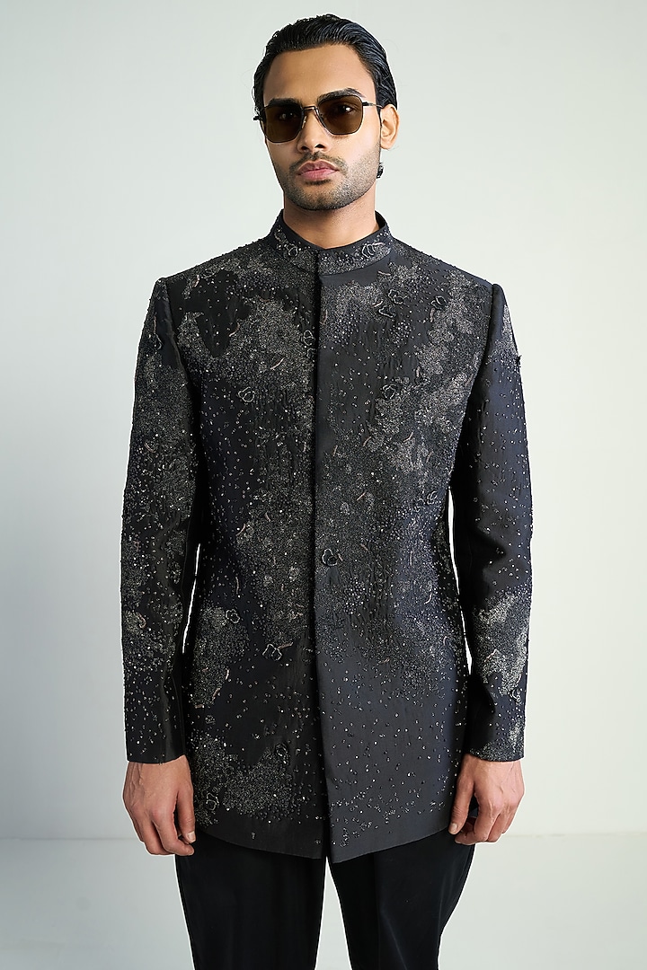 Black Cotton Silk Satin Embroidered Groom Bandhgala by Antar Agni Men at Pernia's Pop Up Shop