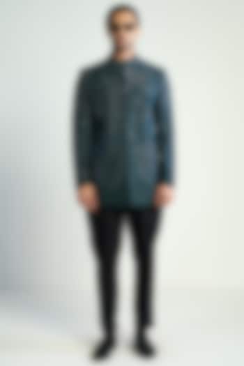 Teal Blue Cotton Silk Satin Embroidered Groom Bandhgala by Antar Agni Men at Pernia's Pop Up Shop