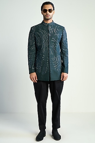 Teal Blue Cotton Silk Satin Embroidered Bandhgala by Antar Agni Men