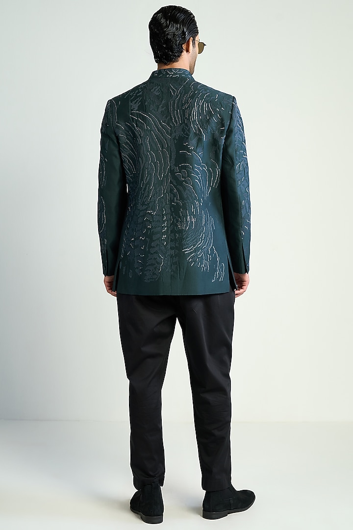 Teal Blue Cotton Silk Satin Embroidered Groom Bandhgala by Antar Agni Men at Pernia's Pop Up Shop