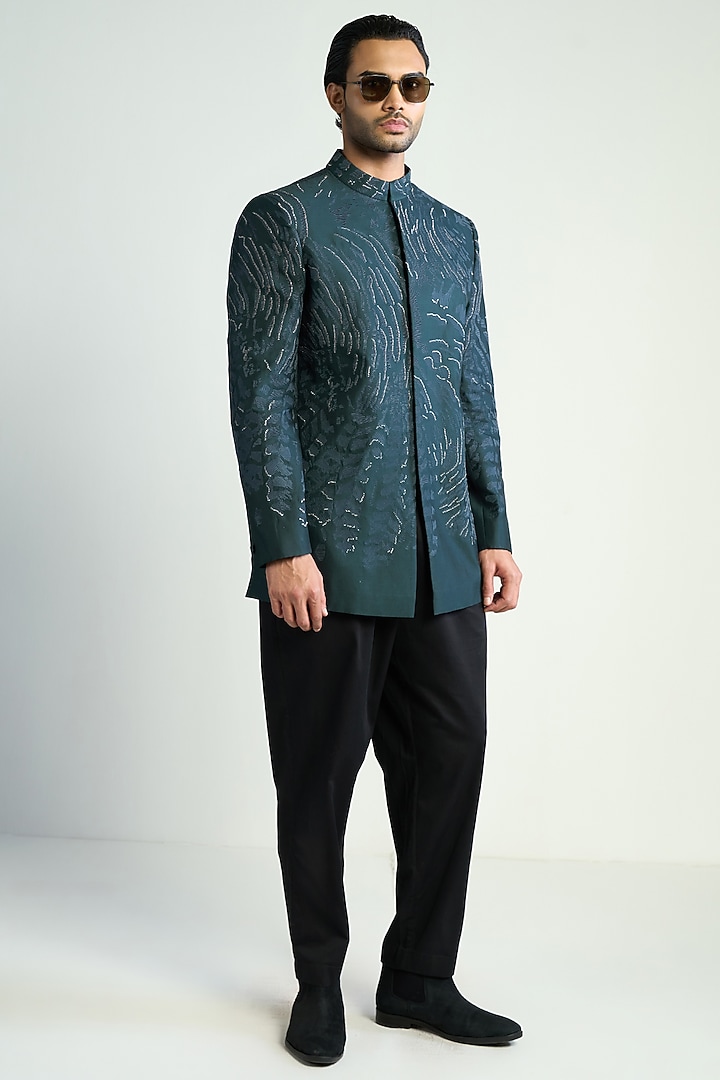 Teal Blue Cotton Silk Satin Embroidered Groom Bandhgala by Antar Agni Men at Pernia's Pop Up Shop