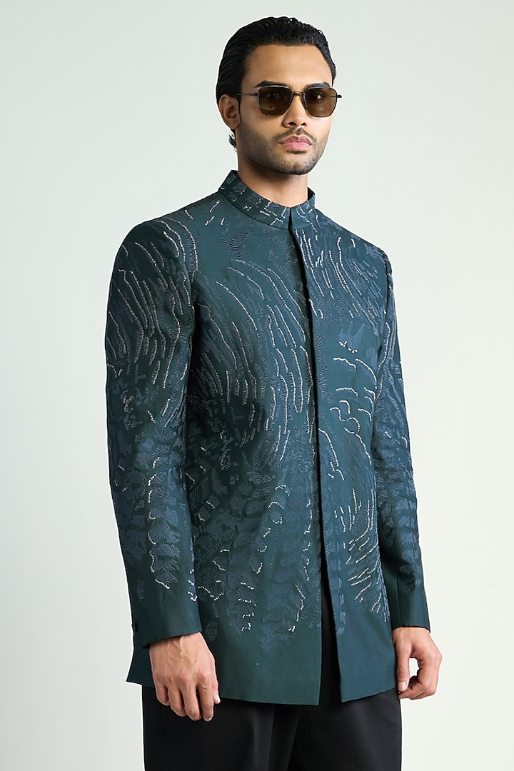 Teal Blue Cotton Silk Satin Embroidered Groom Bandhgala by Antar Agni Men at Pernia's Pop Up Shop