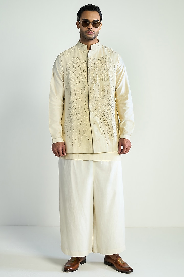 Ivory Silk Blend Embroidered Waistcoat by Antar Agni Men at Pernia's Pop Up Shop