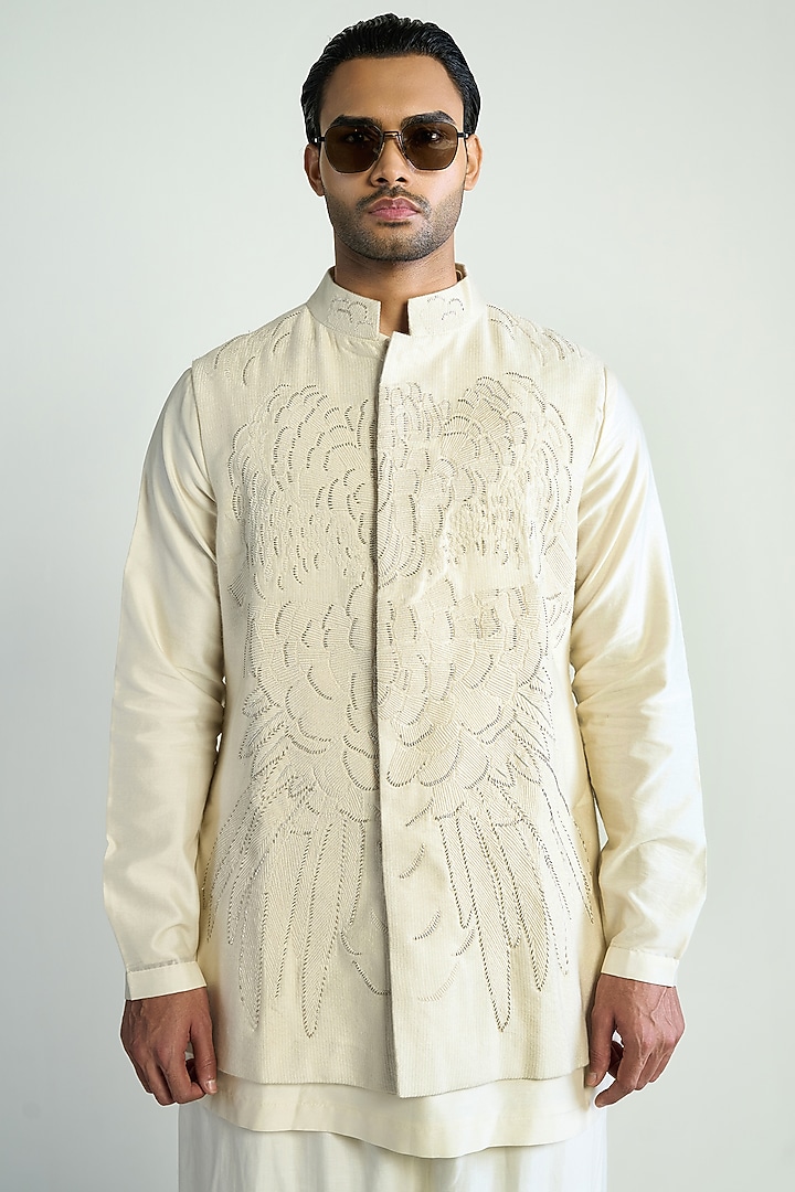 Ivory Silk Blend Embroidered Waistcoat by Antar Agni Men at Pernia's Pop Up Shop