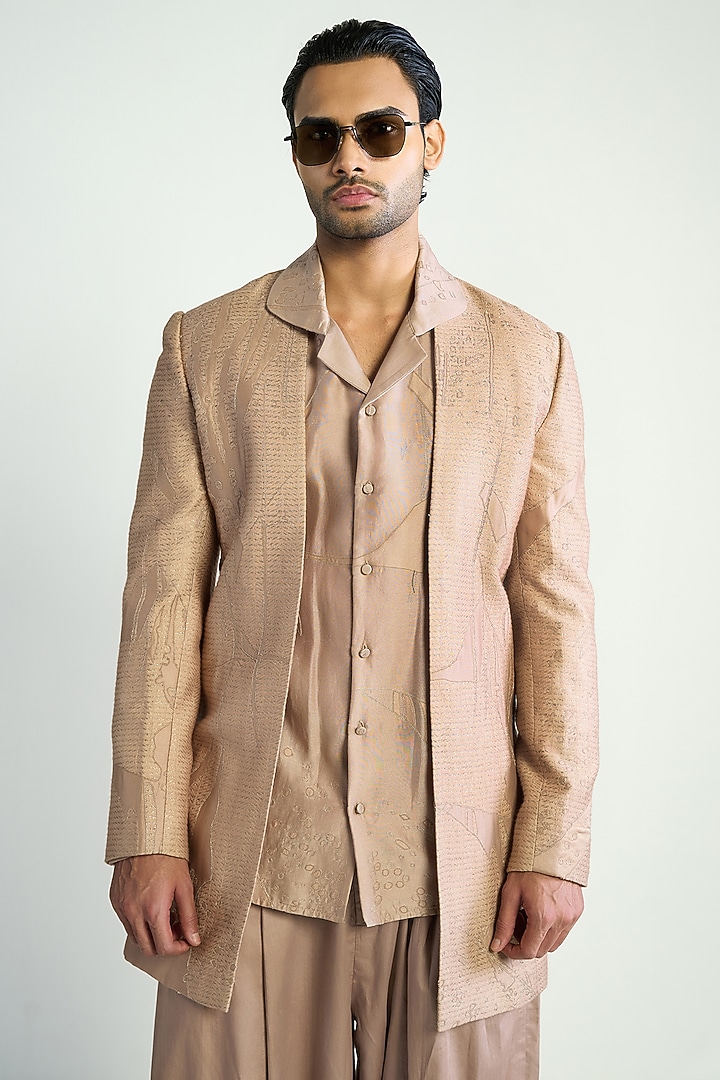 Rose Taupe Silk Blend Embroidered Jacket by Antar Agni Men at Pernia's Pop Up Shop