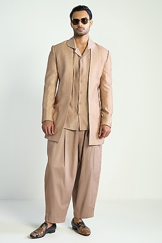 Rose Taupe Cotton Satin Parallel Pants by Antar Agni Men
