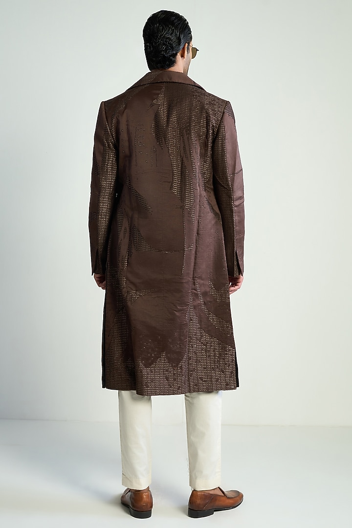 Dark Brown Silk Blend Embroidered Overlay by Antar Agni Men at Pernia's Pop Up Shop