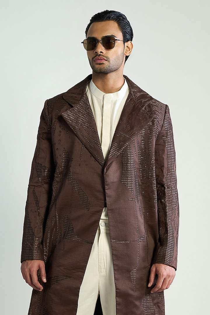 Dark Brown Silk Blend Embroidered Overlay by Antar Agni Men at Pernia's Pop Up Shop