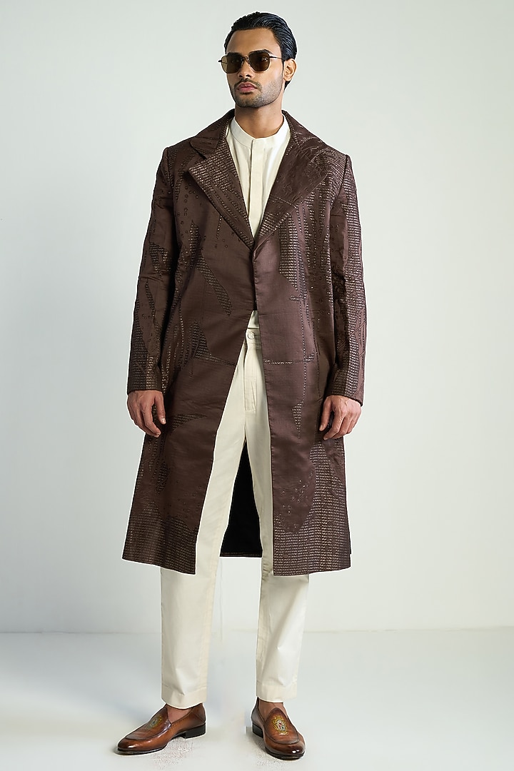 Dark Brown Silk Blend Embroidered Overlay by Antar Agni Men at Pernia's Pop Up Shop