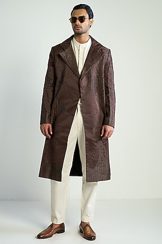 Dark Brown Silk Blend Embroidered Overlay by Antar Agni Men