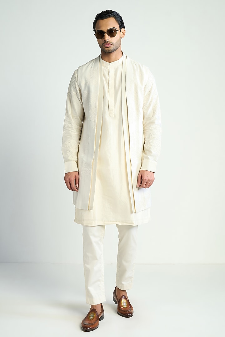 Ivory Silk Blend Embroidered Waistcoat by Antar Agni Men at Pernia's Pop Up Shop