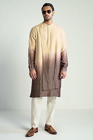 Beige-Brown Ombre Silk Blend Kurta by Antar Agni Men