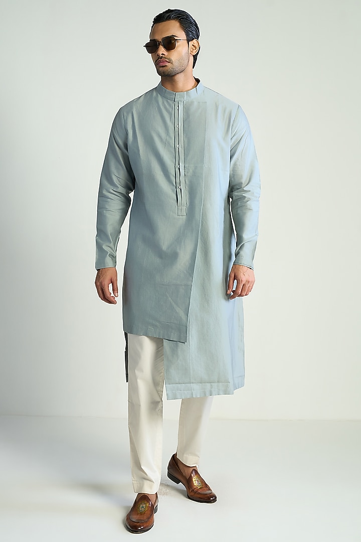 Light Blue Cotton Silk Satin Kurta by Antar Agni Men at Pernia's Pop Up Shop
