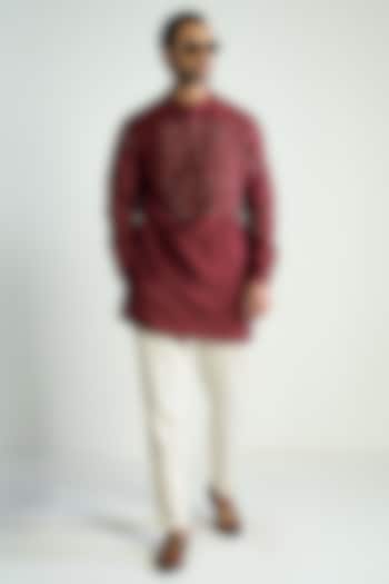 Red Cotton Silk Embroidered Kurta by Antar Agni Men at Pernia's Pop Up Shop