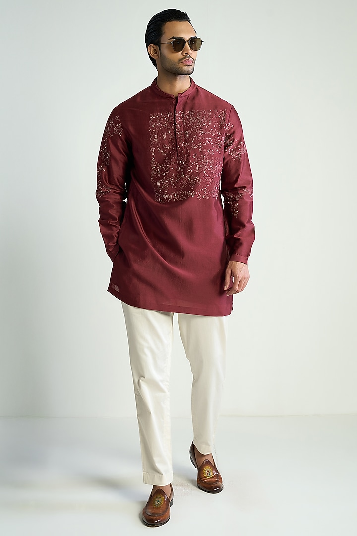 Red Cotton Silk Embroidered Kurta by Antar Agni Men at Pernia's Pop Up Shop