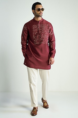Red Cotton Silk Embroidered Kurta by Antar Agni Men