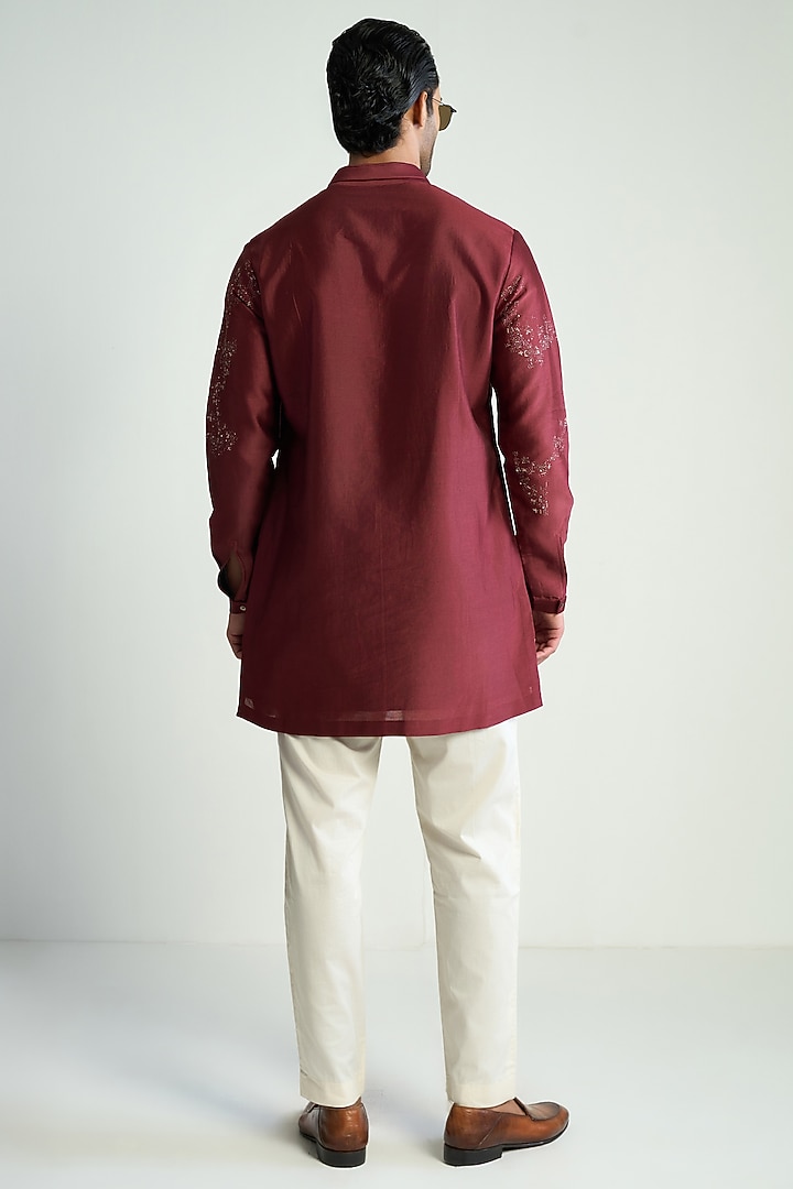 Red Cotton Silk Embroidered Kurta by Antar Agni Men at Pernia's Pop Up Shop