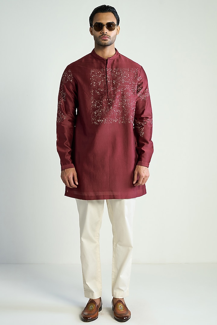 Red Cotton Silk Embroidered Kurta by Antar Agni Men at Pernia's Pop Up Shop