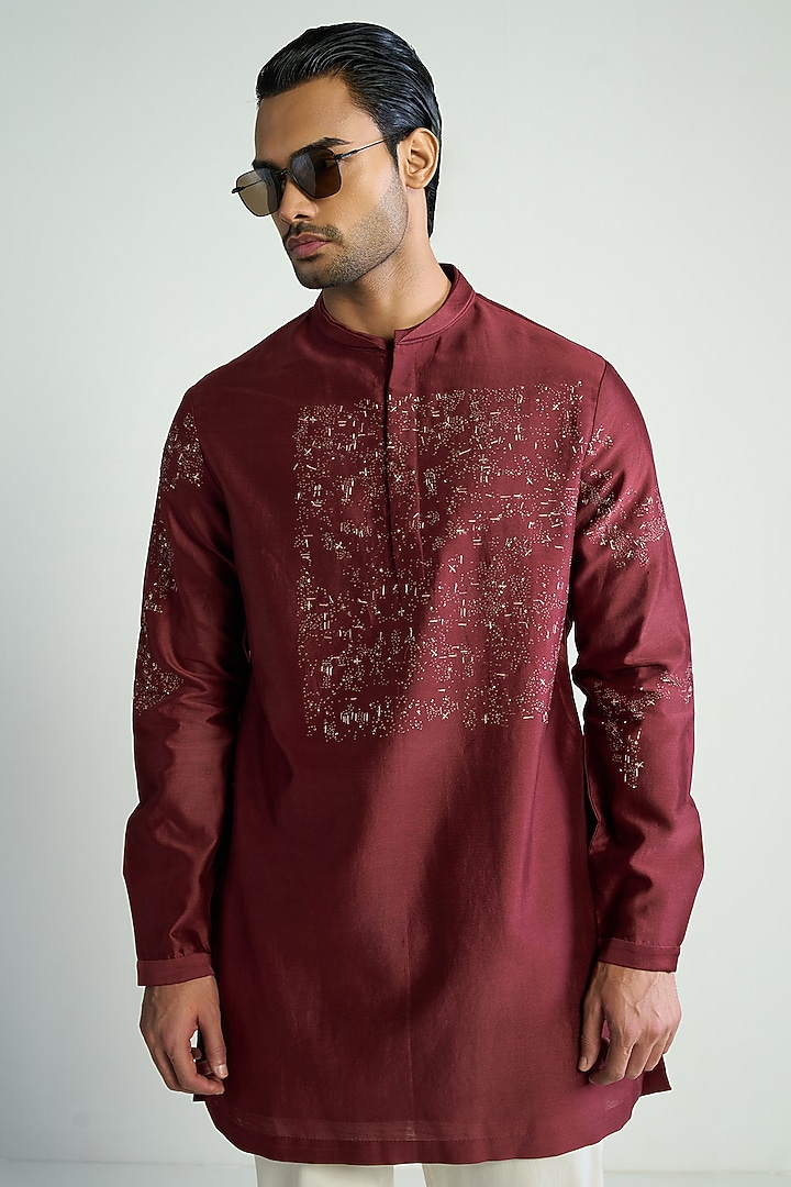 Red Cotton Silk Embroidered Kurta by Antar Agni Men at Pernia's Pop Up Shop