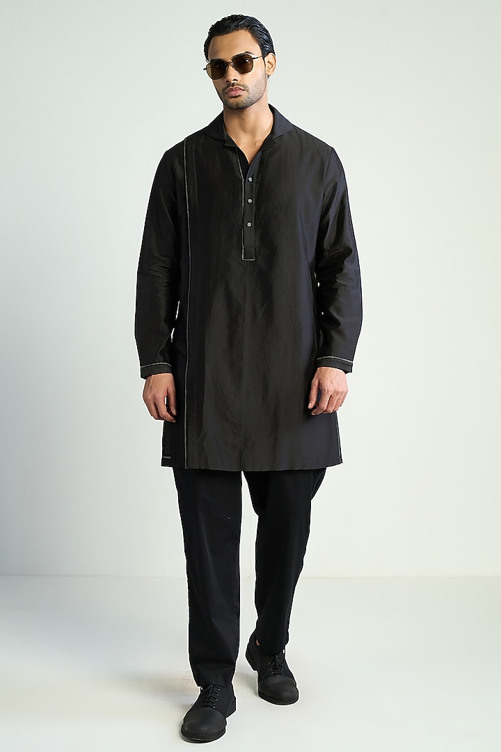 Black Cotton Silk Embellished Kurta by Antar Agni Men at Pernia's Pop Up Shop