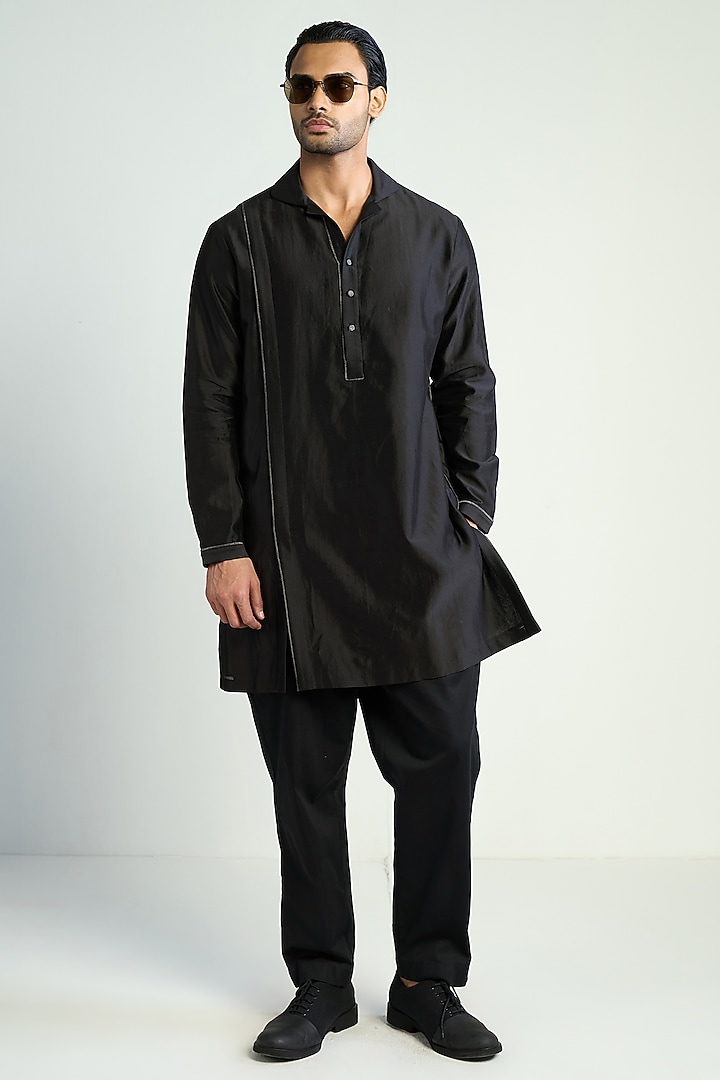 Black Cotton Silk Embellished Kurta by Antar Agni Men at Pernia's Pop Up Shop