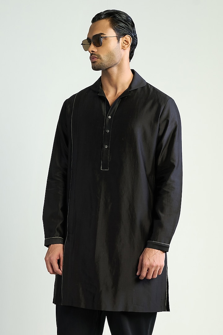 Black Cotton Silk Embellished Kurta by Antar Agni Men at Pernia's Pop Up Shop