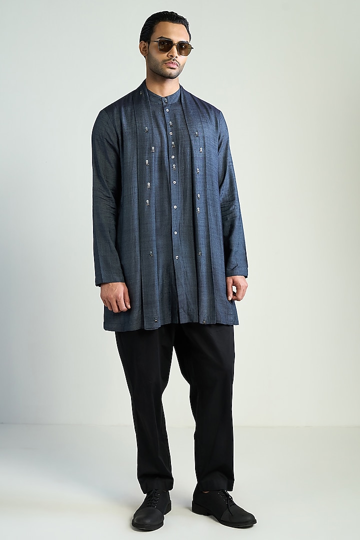 Navy Blue Silk Blend Embellished Kurta by Antar Agni Men at Pernia's Pop Up Shop