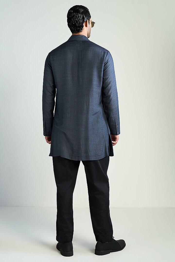 Navy Blue Silk Blend Embellished Kurta by Antar Agni Men at Pernia's Pop Up Shop