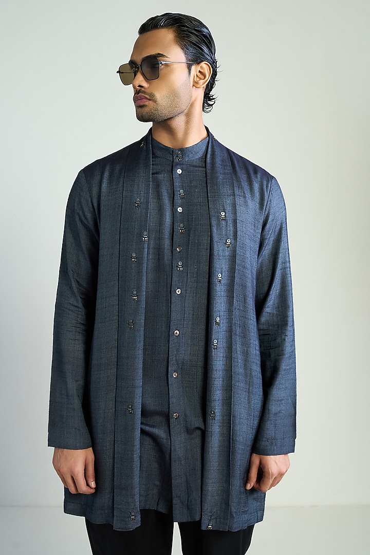 Navy Blue Silk Blend Embellished Kurta by Antar Agni Men at Pernia's Pop Up Shop