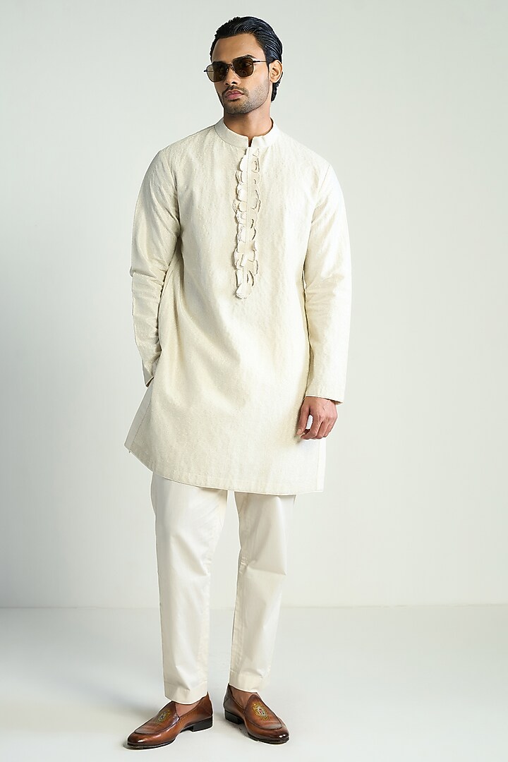 Ivory Cotton Silk Embroidered Kurta by Antar Agni Men at Pernia's Pop Up Shop
