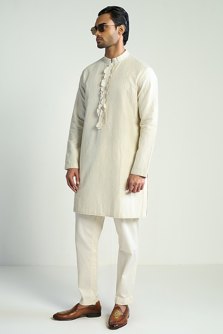 Ivory Cotton Silk Embroidered Kurta by Antar Agni Men at Pernia's Pop Up Shop