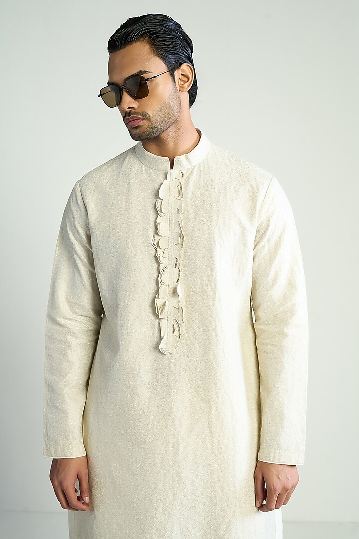 Ivory Cotton Silk Embroidered Kurta by Antar Agni Men at Pernia's Pop Up Shop