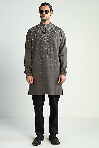 Grey Handwoven Cotton Embroidered Kurta by Antar Agni Men