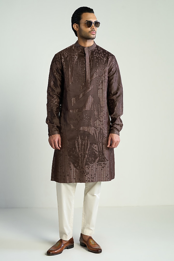 Dark Brown Silk Blend Zari Embroidered Kurta by Antar Agni Men at Pernia's Pop Up Shop