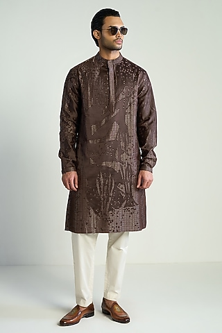 Dark Brown Silk Blend Zari Embroidered Kurta by Antar Agni Men