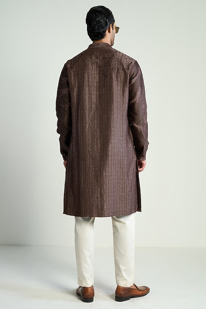 Dark Brown Silk Blend Zari Embroidered Kurta by Antar Agni Men at Pernia's Pop Up Shop
