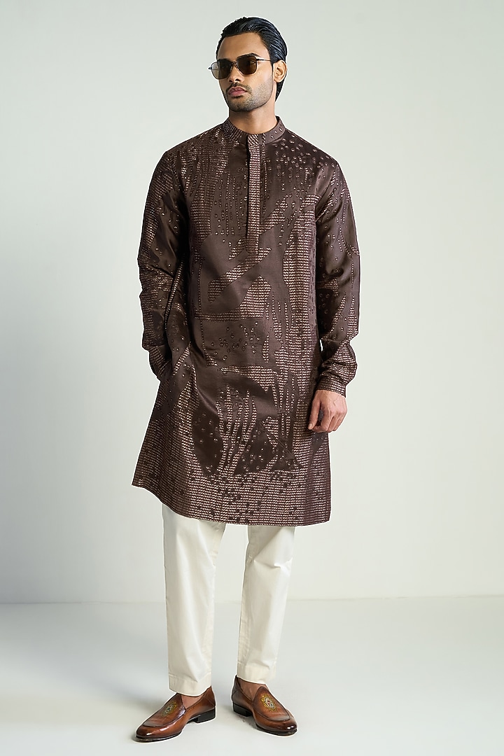 Dark Brown Silk Blend Zari Embroidered Kurta by Antar Agni Men at Pernia's Pop Up Shop