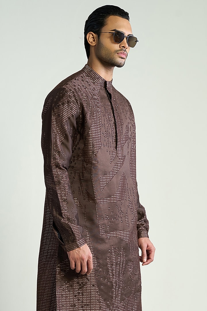 Dark Brown Silk Blend Zari Embroidered Kurta by Antar Agni Men at Pernia's Pop Up Shop