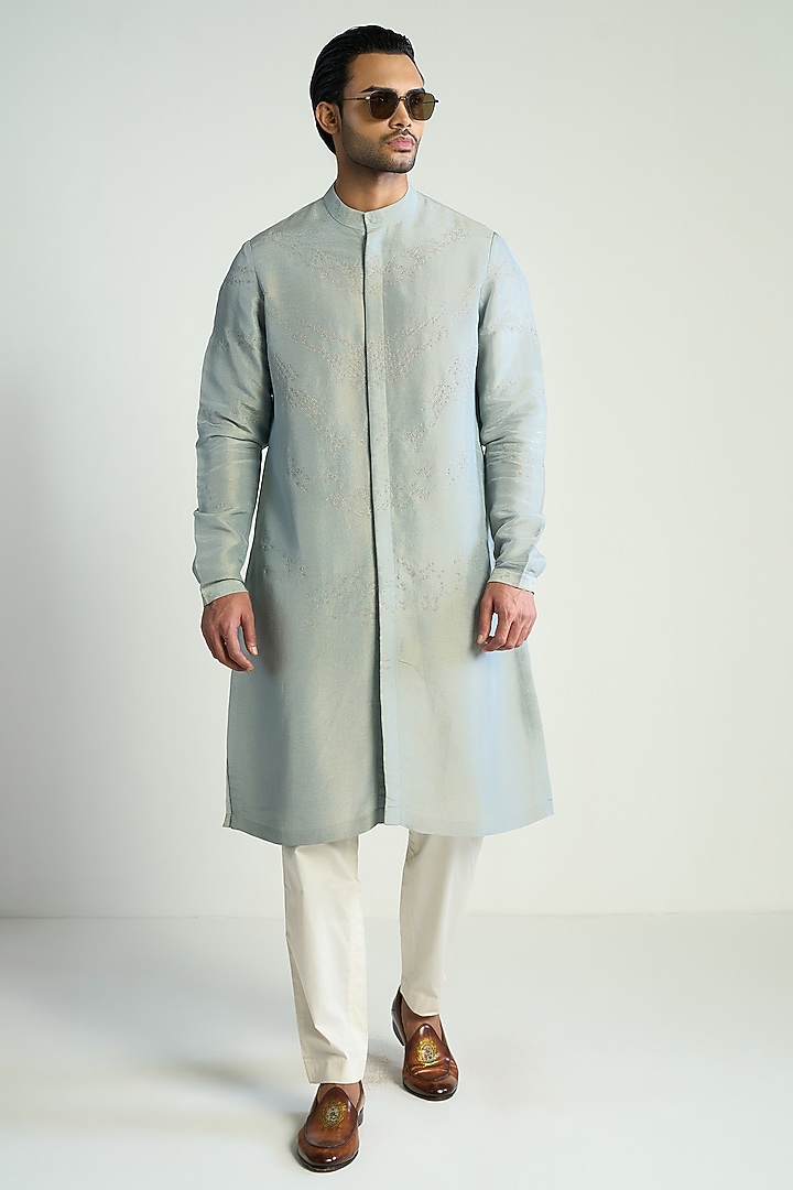 Light Blue Tissue Embroidered Kurta by Antar Agni Men at Pernia's Pop Up Shop